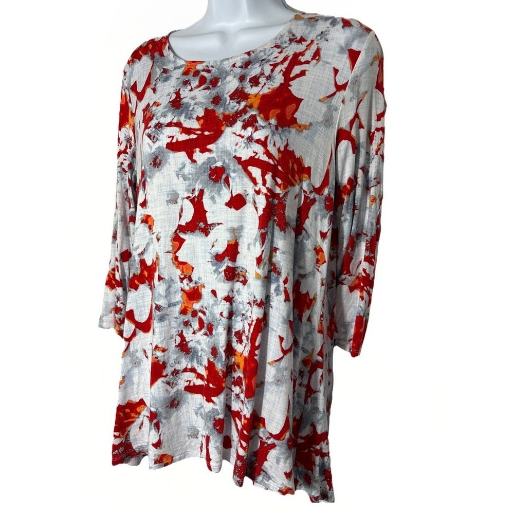 Intro PM Stretch Tunic Top Abstract Watercolor Floral HiLo Red Grey Love The Fit